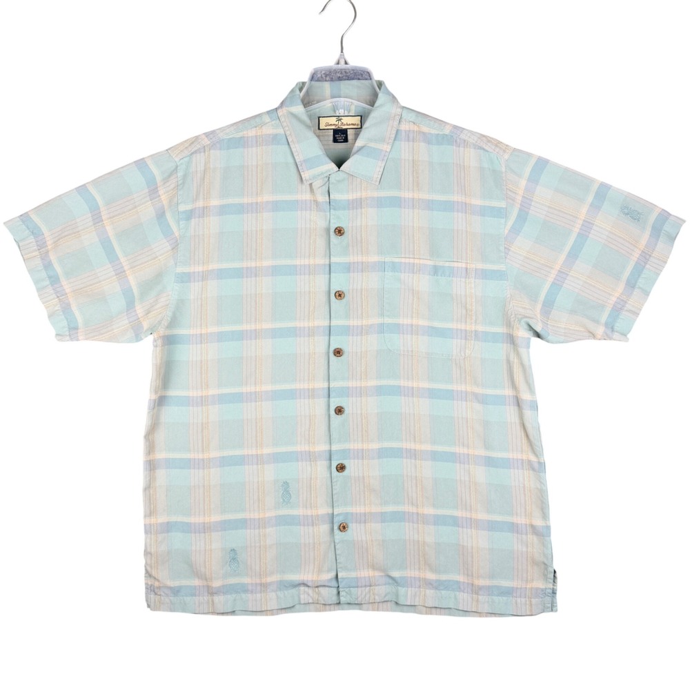 Tommy‎ Bahama Mens Large Light Blue Button Down Plaid Silk Camp Shirt Pineapple
